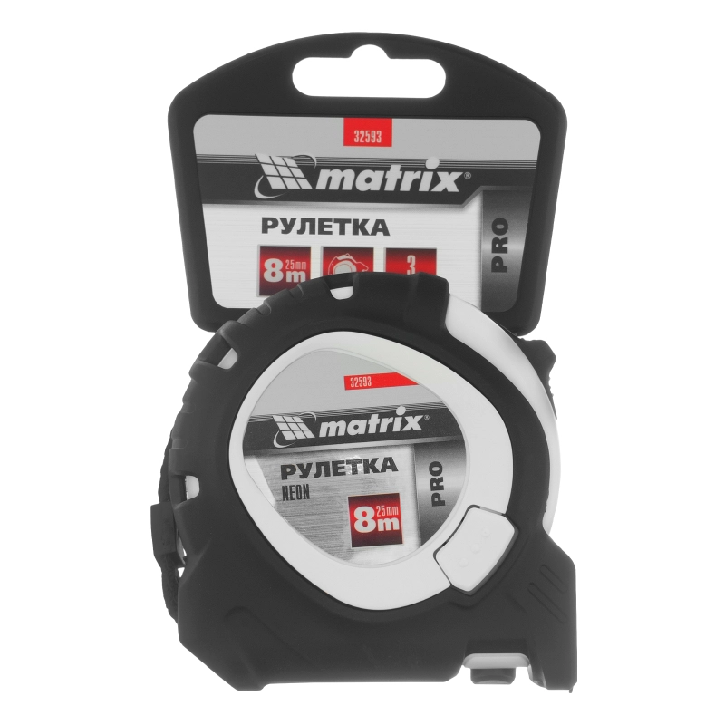 Рулетка Neon,8 м x 25 мм,обрезиненный корпус,3 фиксации,Pro Matrix (32593)