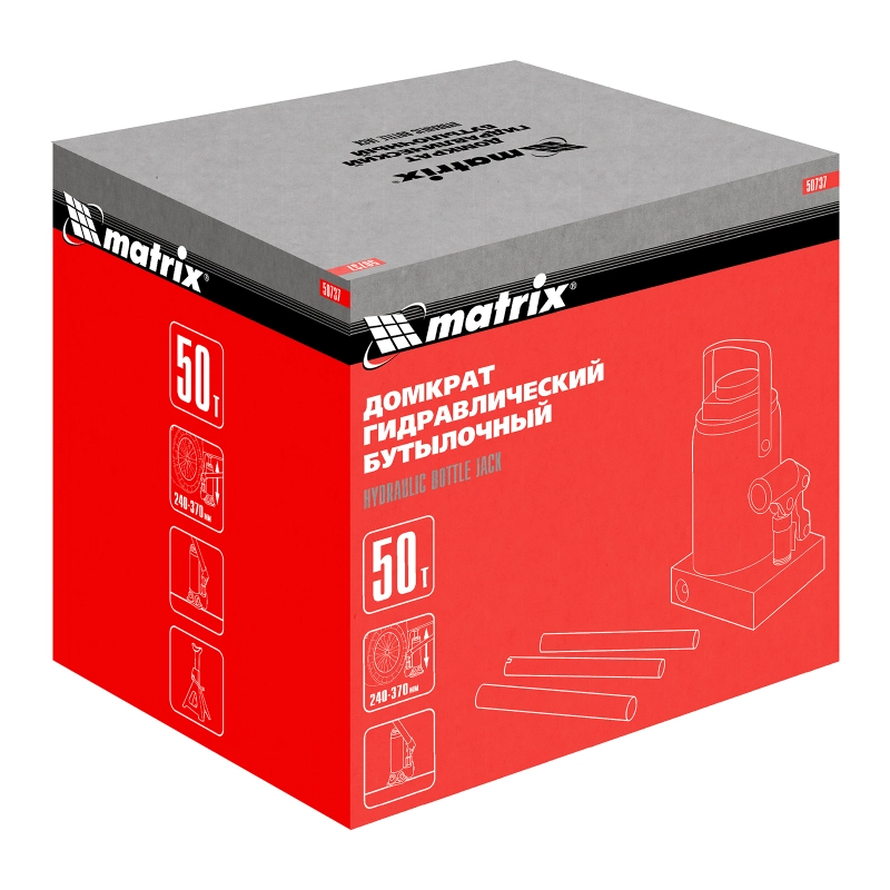 Домкрат гидравлический бутылочный, 50 т, высота подъема 240-370 мм Matrix (50737)