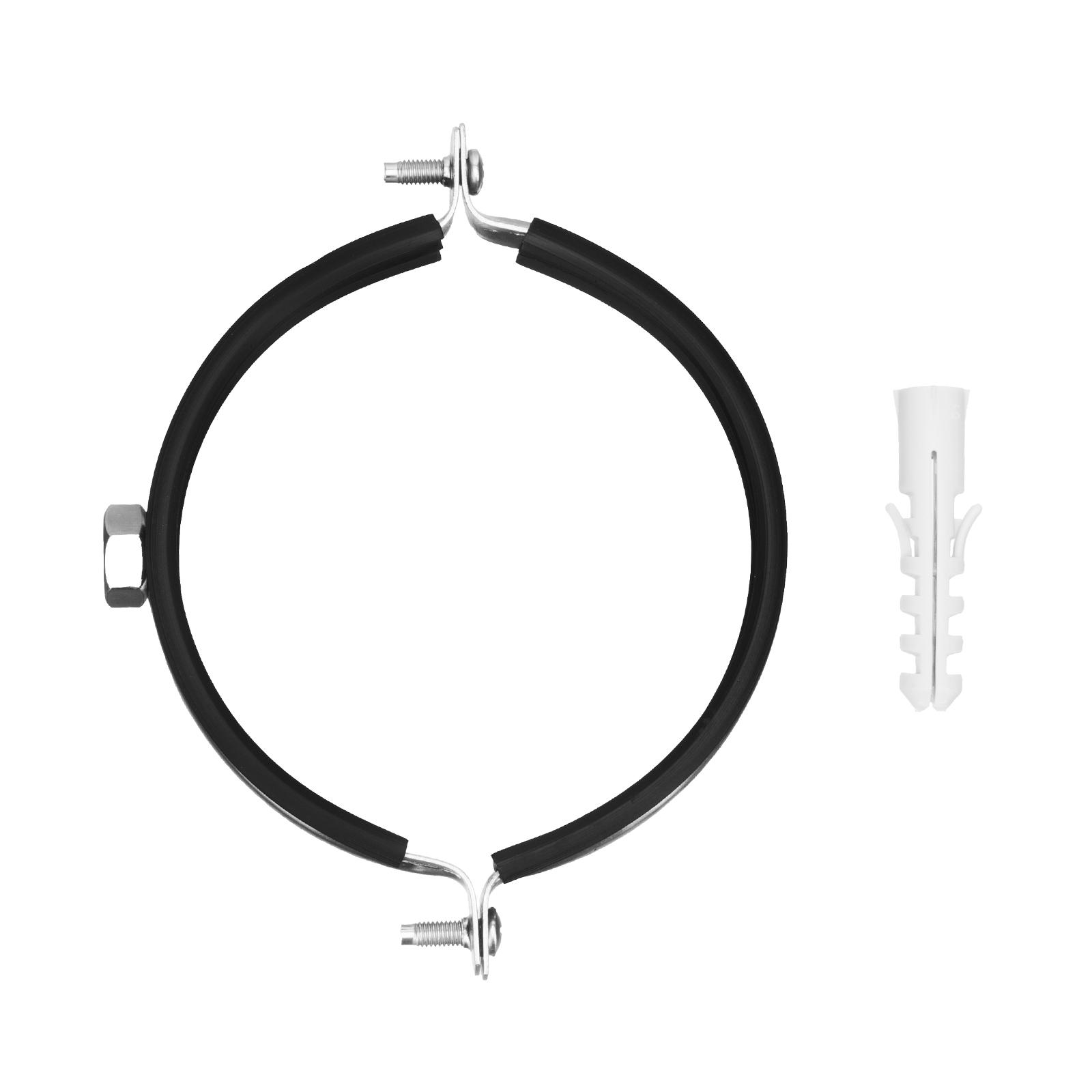Хомут сантехнический для труб 108-116 (4") с резиновым уплотнением, шпилькой и дюбелем, 1 шт, Сибртех (481733)