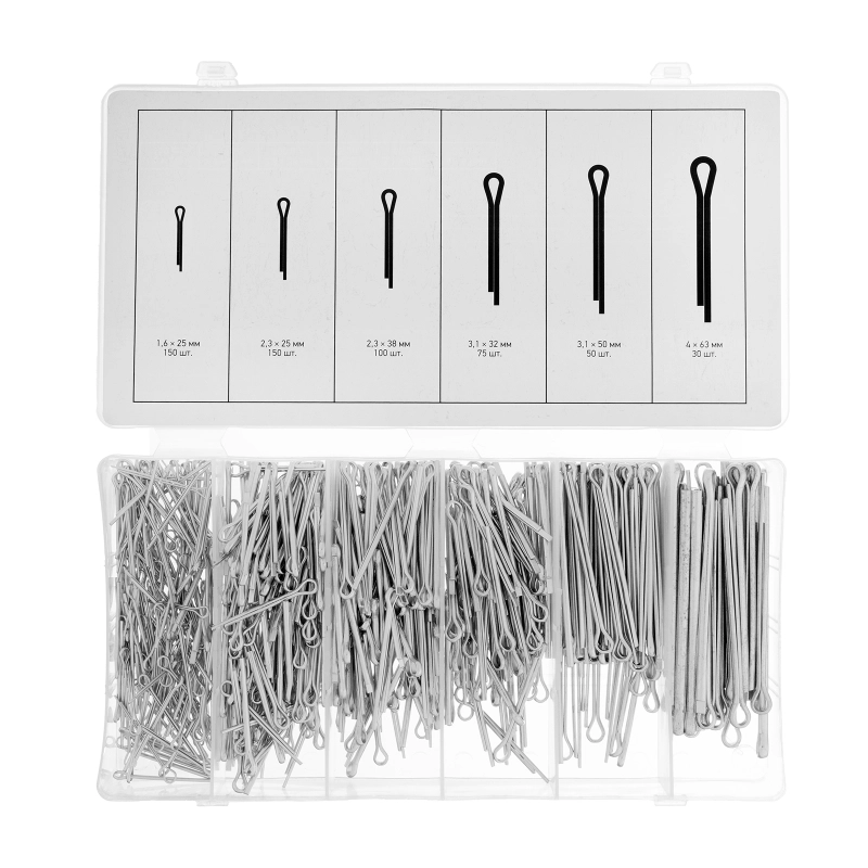 Набор шплинтов, S головки х L: 1.6 х 25.2, 3 х 25.2, 3 х 38, 3, 1 х 32, 3, 1 х 50.4 х 63 мм, 555 предметов Сибртех (47604)