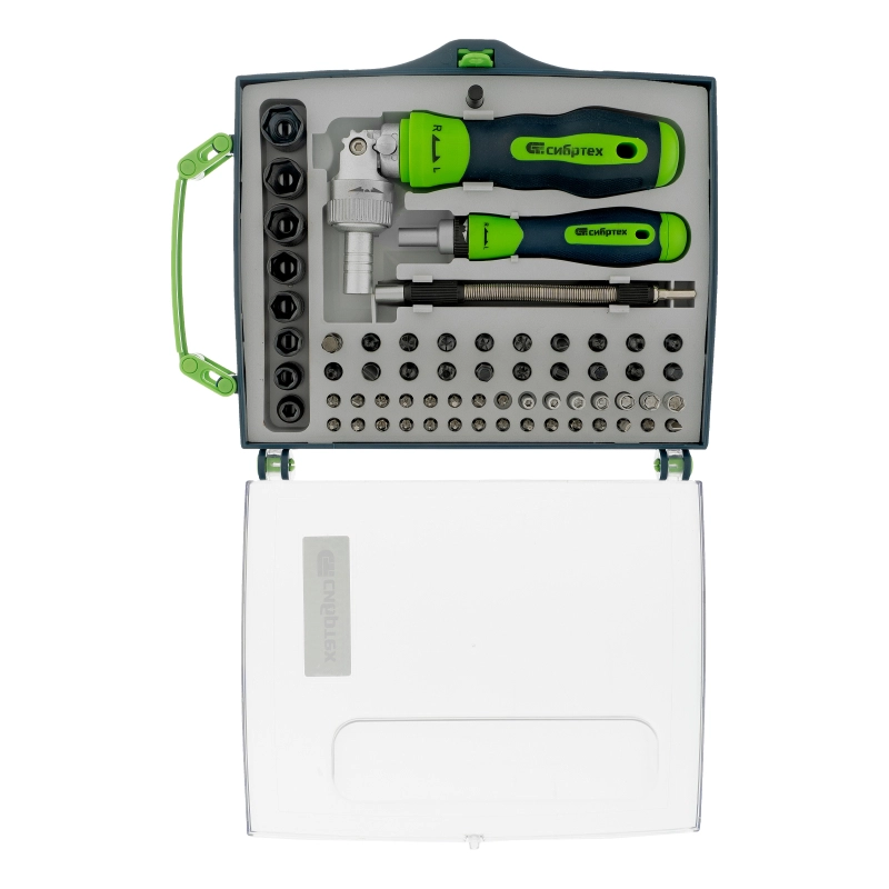 Отвертки реверсивные с набором бит, торцевых головок, 61 предмет, CrV Сибртех (13363)