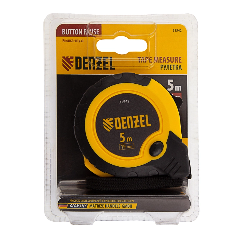 Рулетка 5м х 19мм, двухкомп. корпус, кнопка-пауза Denzel (31542)