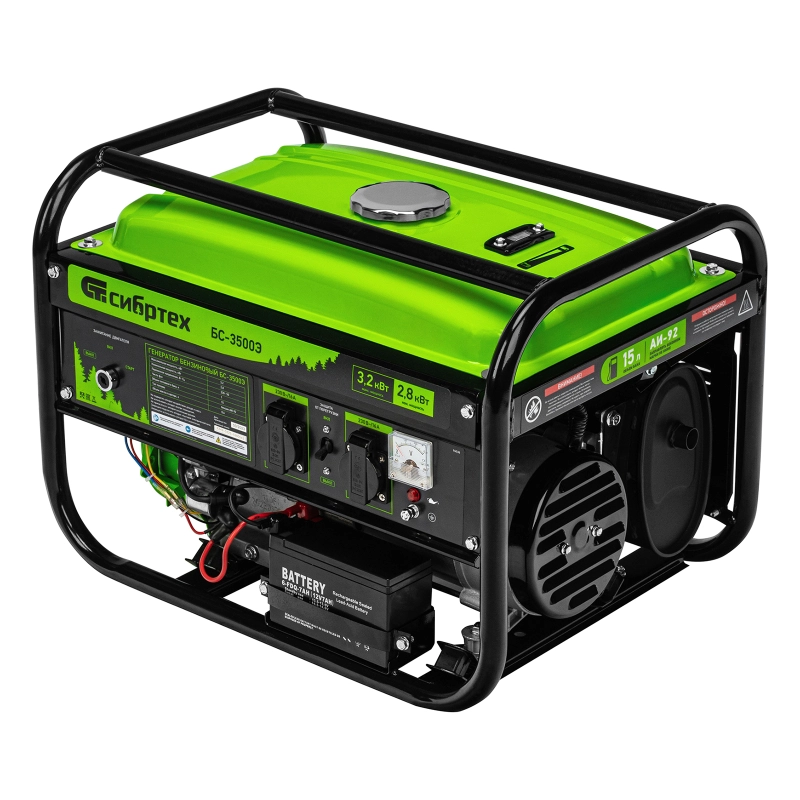 Генератор бензиновый БС-3500Э, 3.2 кВт, 230В, 4-х тактный, 15 л, электростартер Сибртех (94538)