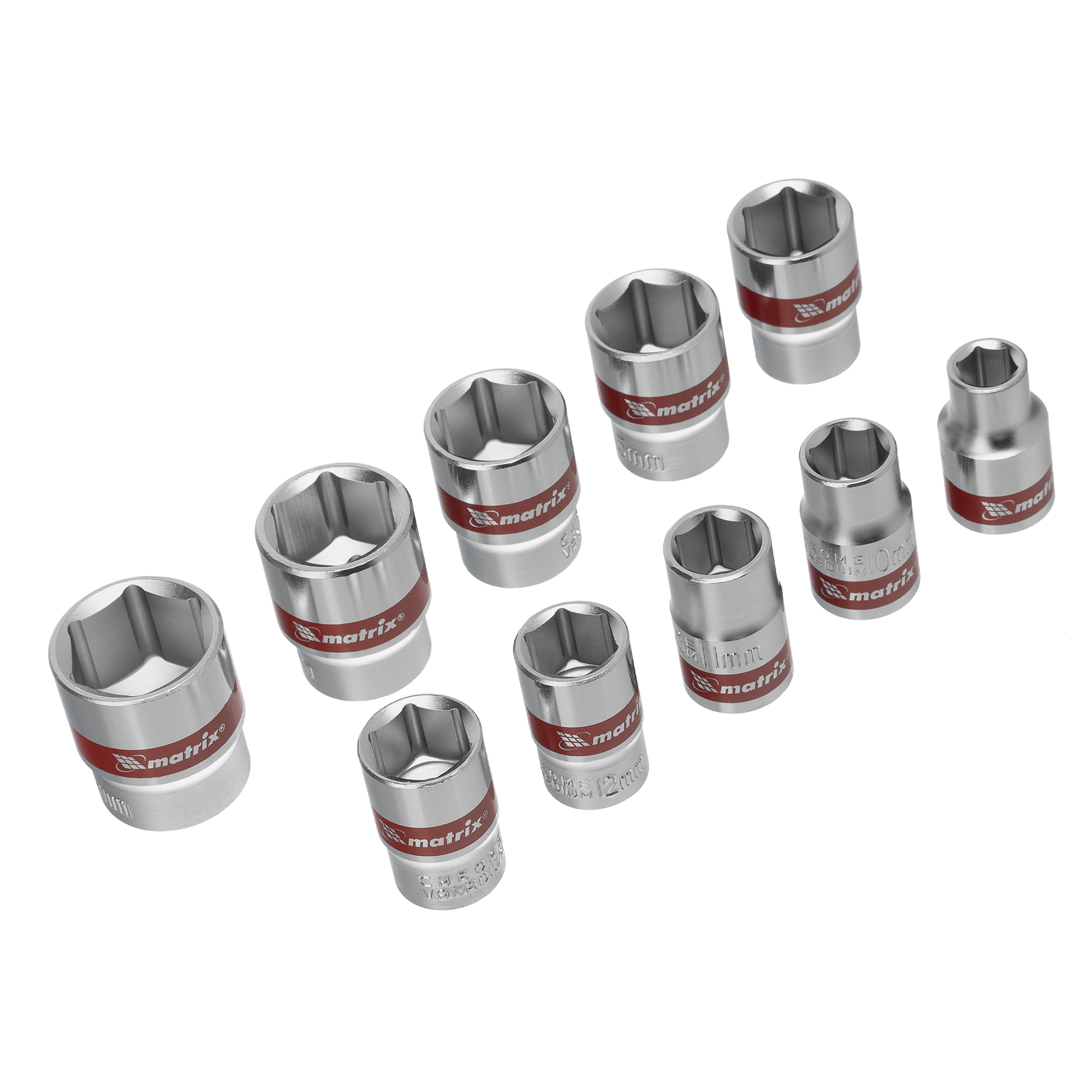 Набор торцевых головок 3/8", 6 гранные, CrV, 8-19мм, 10 штук Matrix (13558)