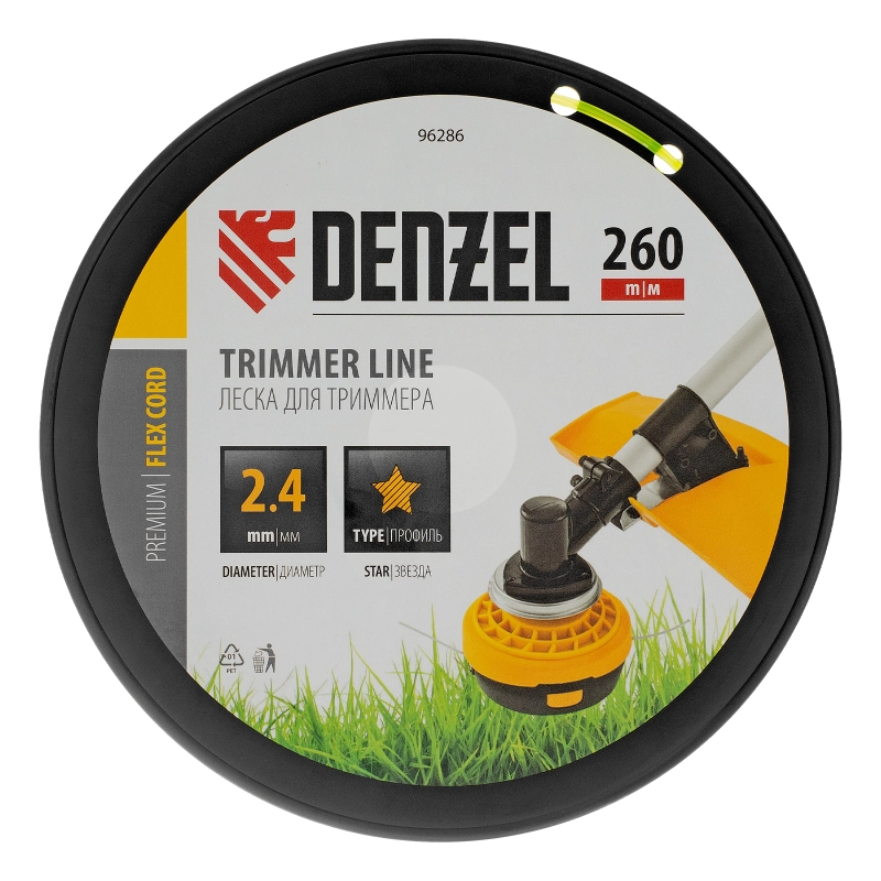 Леска для триммера звезда, 2,4мм х 260м, на DIN катушке FLEX CORD Denzel (96286)