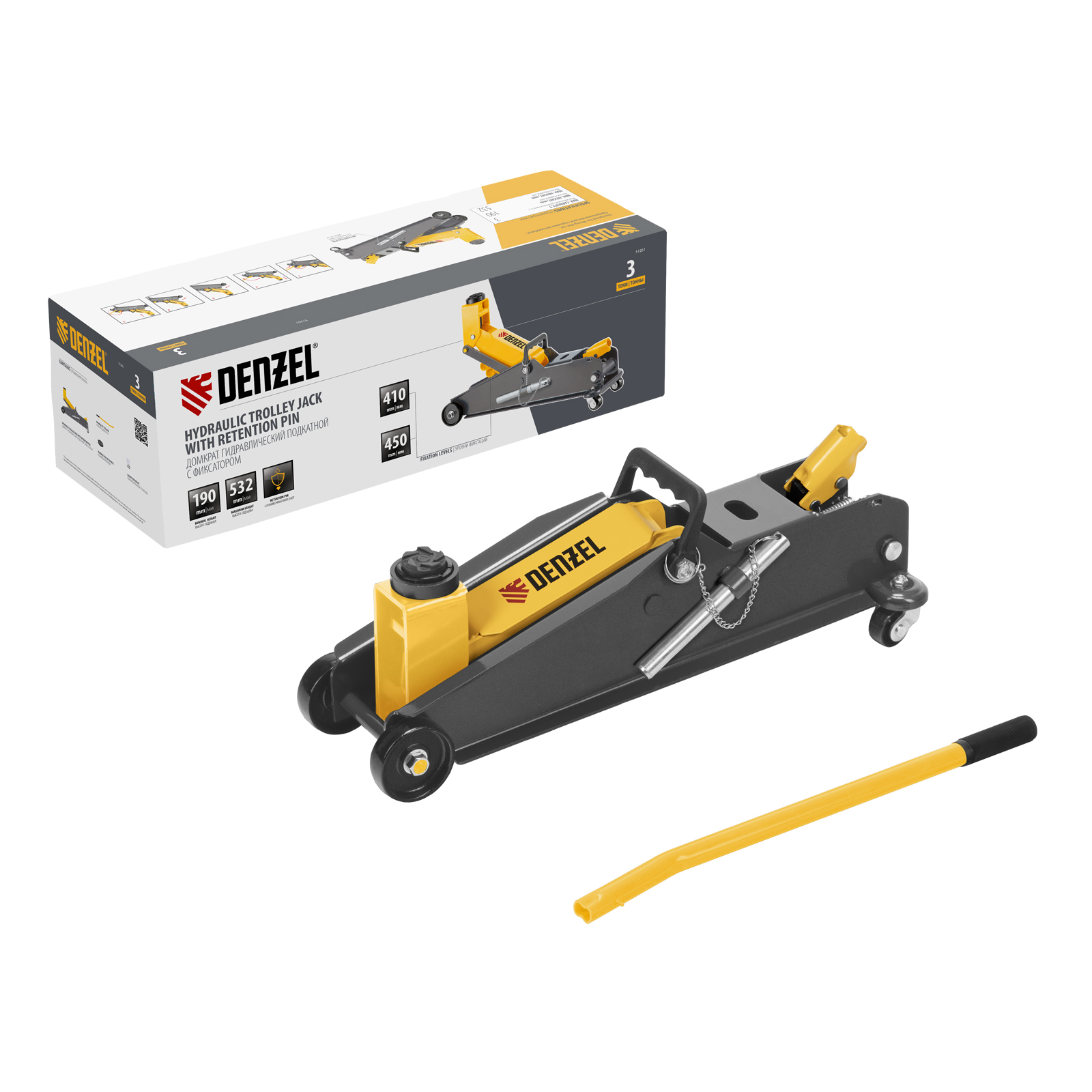 Домкрат гидравлический подкатной с фиксатором, 3 т, 190-532 мм, SUV/ Denzel (51261)