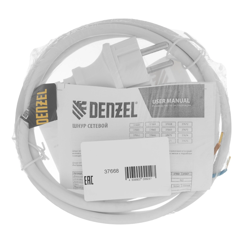 Шнур сетевой Energy Series, ПВС, 1,5 м, 2 x 1,5 мм, с неразборной вилкой, белый, Denzel (37668)