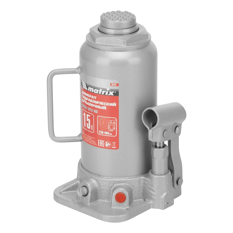 Домкрат гидравлический бутылочный, 15 т, высота подъема 230-460 мм Matrix (50729)