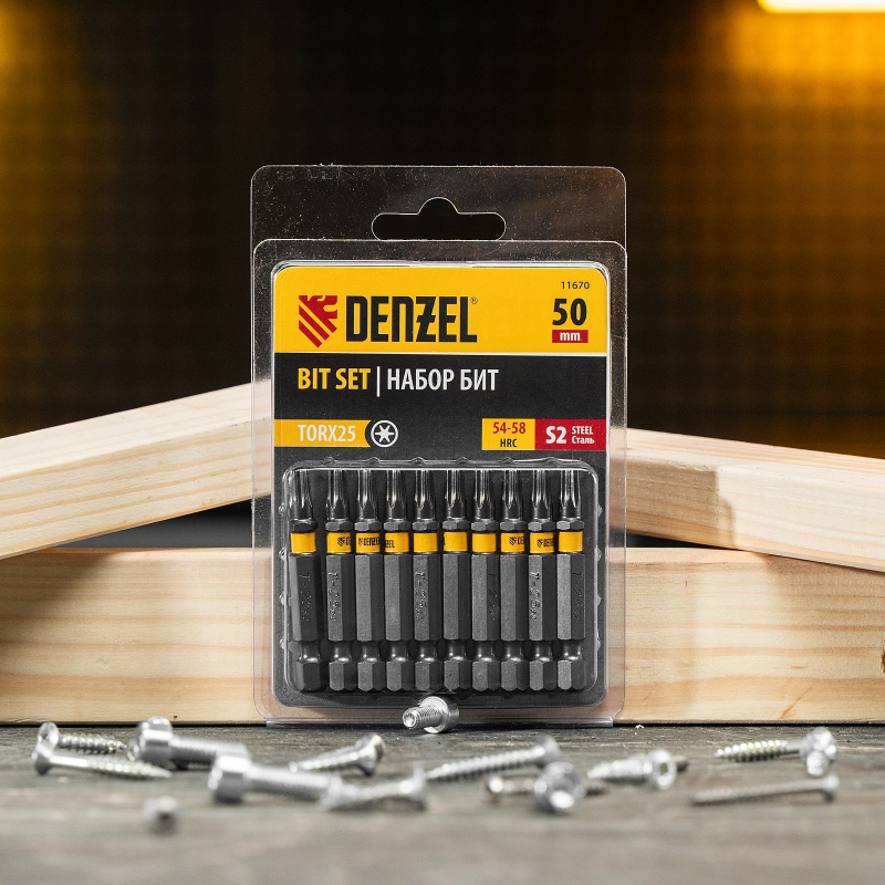 Бита TX 25х50, сталь S2, шестигранный профиль, 10 шт. Е 6,3 Denzel (11670)