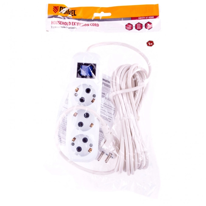 Удлинитель бытовой, с заземлением и выключателем, 5 м, 3 розетки, 10 A, серия УХз10 Denzel (95973)