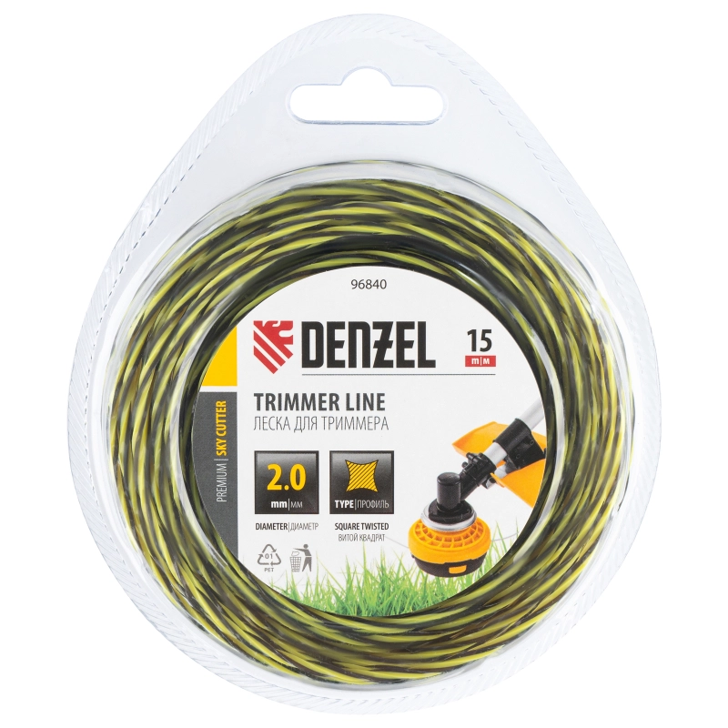 Леска для триммера двухкомпонентная витая квадратная, 2,0мм х 15м, блистер SkyCutter Denzel (96840)