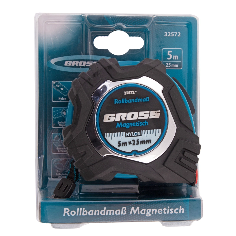 Рулетка Magnetisch 5 м х 25 мм,обрезиненный корпус,автоматическая фиксация,Нейлоновое покрытиеытие,зацеп с магнитом Gross (32572)