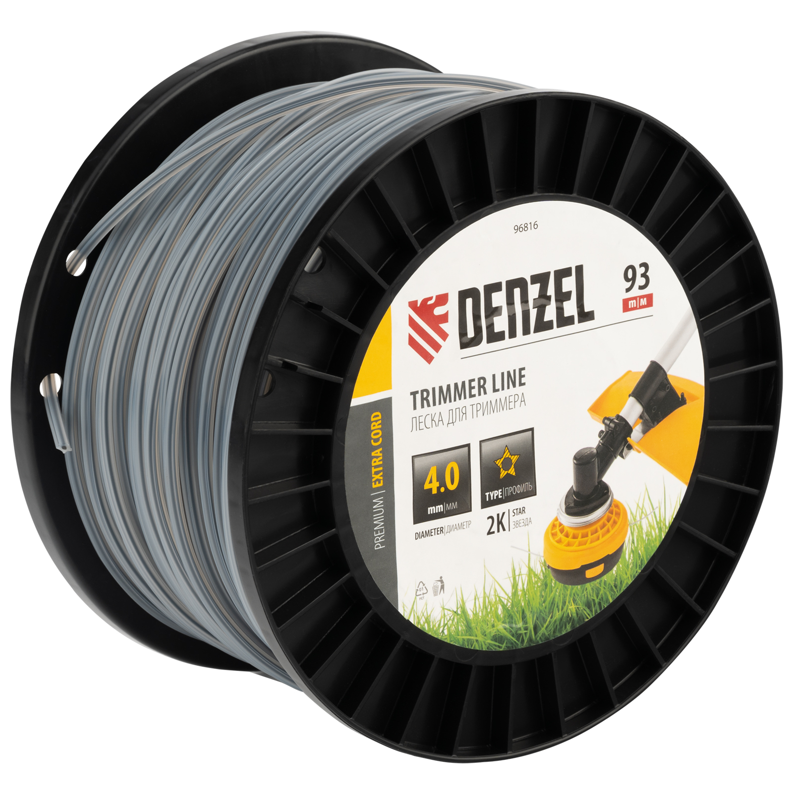 Леска для триммера двухкомпонентная звезда, 4,0мм х 93м, на DIN катушке EXTRA CORD Denzel (96816)