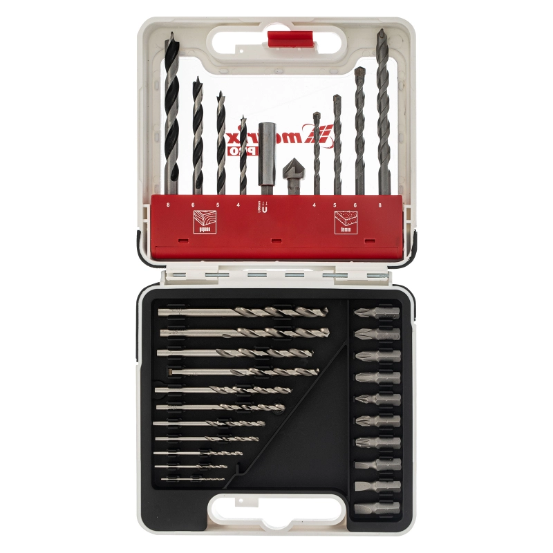 Набор сверл комбинированный, сверла по металлу 1-6 мм, бетону 4-8 мм, дереву 4-8 мм, биты 10 шт, адаптер, зенковка, 31 предмет Pro Matrix (725631)