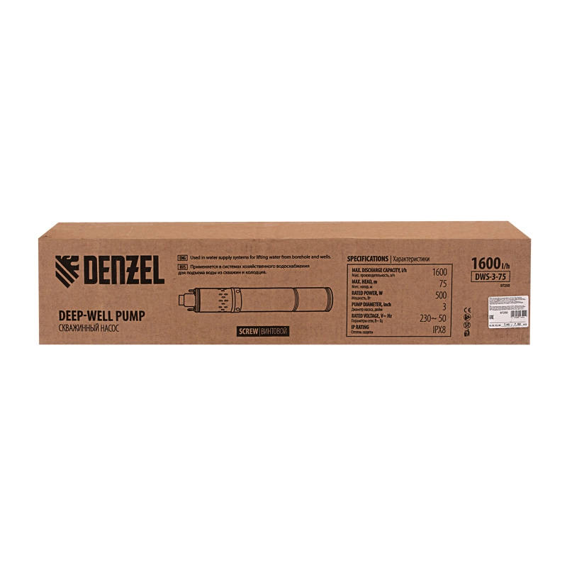 Скважинный насос DWS-3-75, винтовой, диаметр 3", 500 Вт, 1600 л/ч, напор 75 м Denzel (97250)