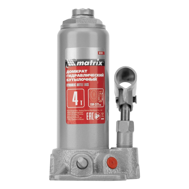 Домкрат гидравлический бутылочный, 4 т, высота подъема 194-372 мм, в пластиковый кейсе Matrix (50754)