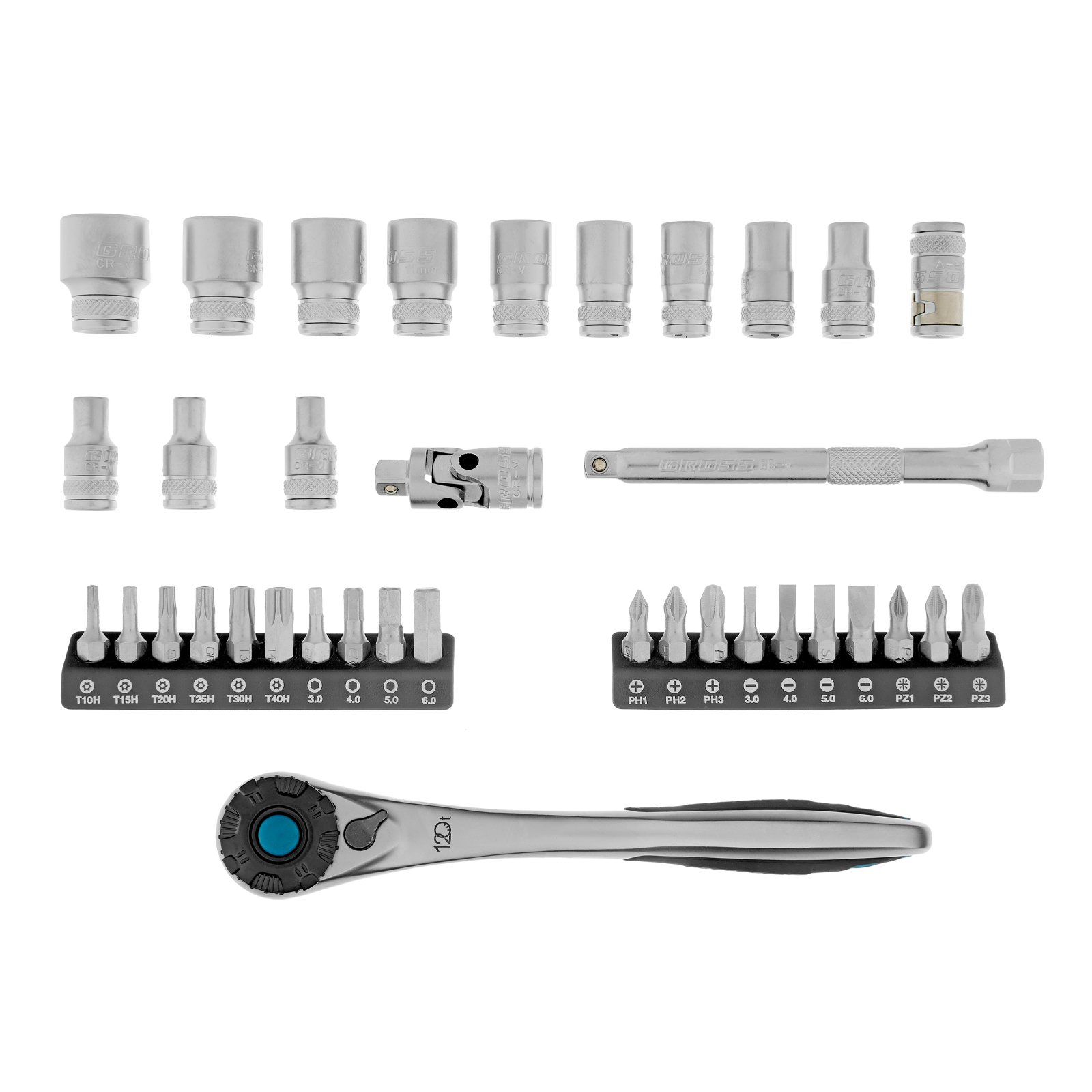 Набор торцевых головок, трещотка 120 зубьев, 1/4", CrV, 36 предметов Gross (14142)