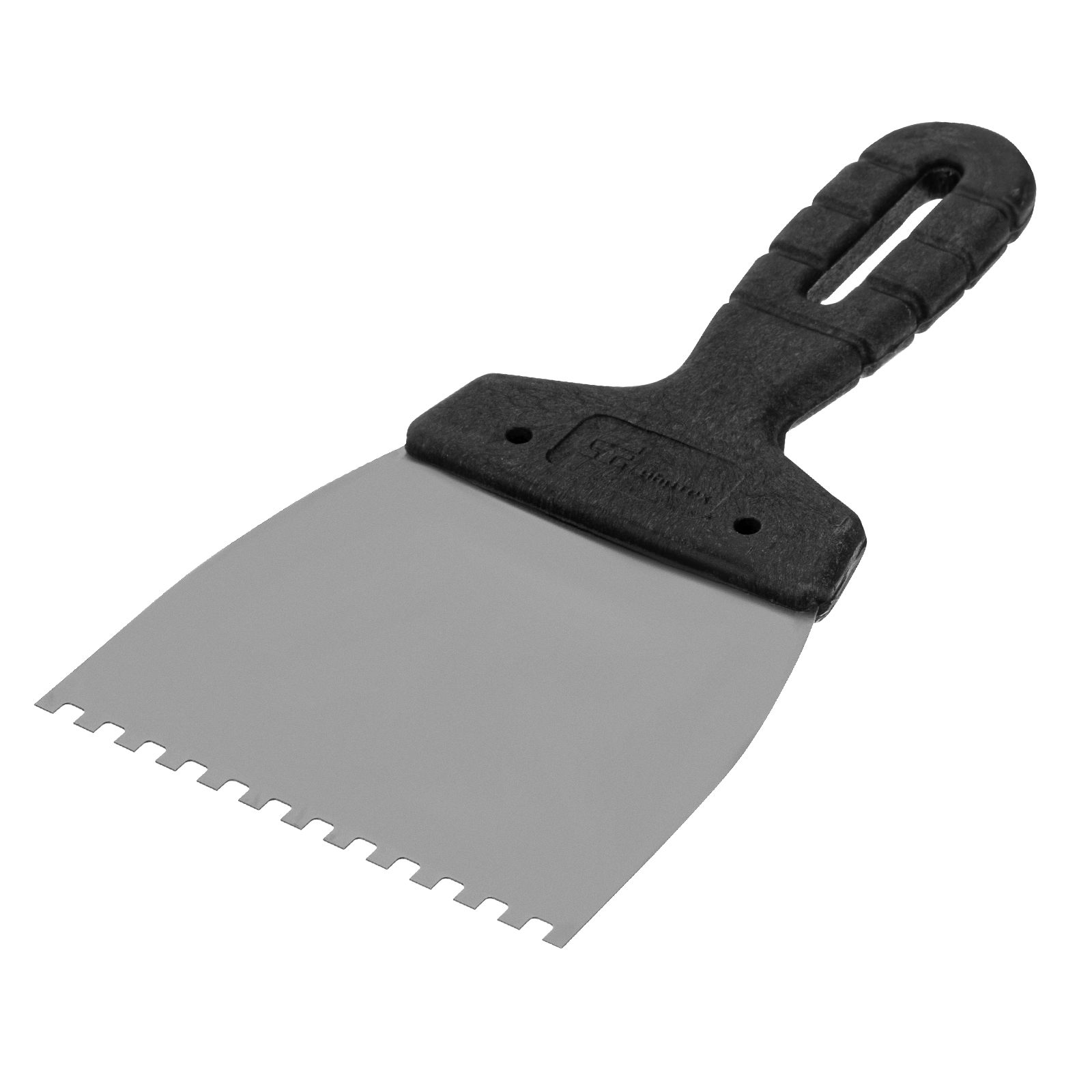 Шпатель из нержавеющей стали, 100 мм, зуб 4 х 4 мм, пластмассовая ручка Сибртех (85453)