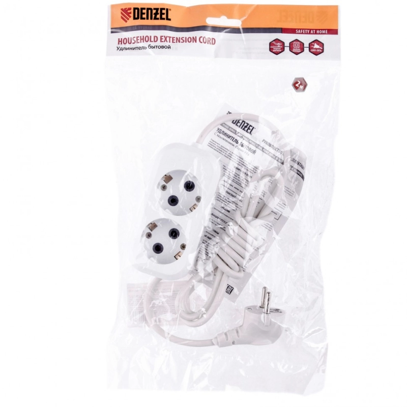 Удлинитель бытовой серия УХз-10-202, с заземлением, 2 м, 2 розетки, 10 A Denzel (95960)