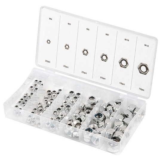 Набор гаек М4, М5, М6, М8, М10, М12, самоконтрящиеся, с Нейлоновой вставкой, 146 предметов Сибртех (47613)