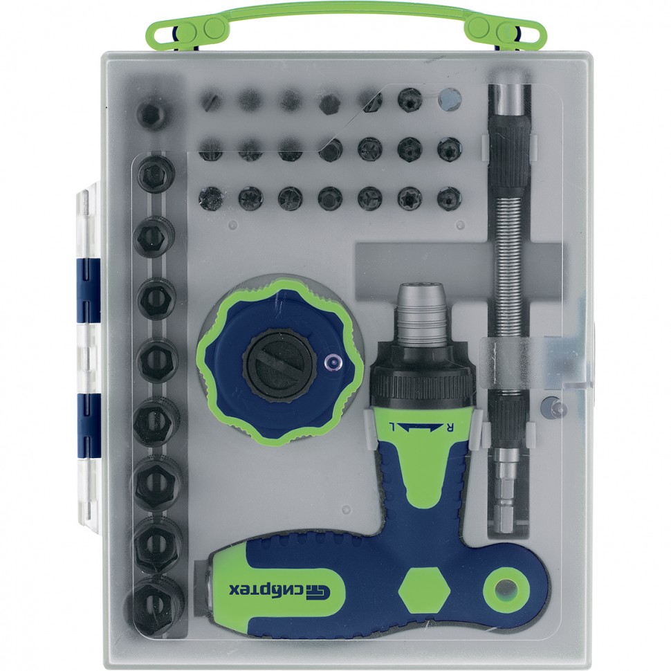 Отвертка Т-образная и трещотка, реверсивные с набором бит, торцевых головок, 34 предмета, CrV Сибртех (13383)