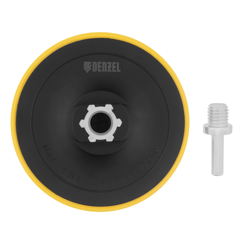 Тарелка опорная для дрели и УШМ с липучкой, 150 мм, стандартная, с адаптером c М14 на d8 Denzel (76252)