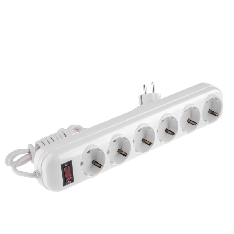 Удлинитель бытовой, с заземлением и выключателем, 2 м, 6 розеток, 10 A, серия УХз10 Denzel (95980)