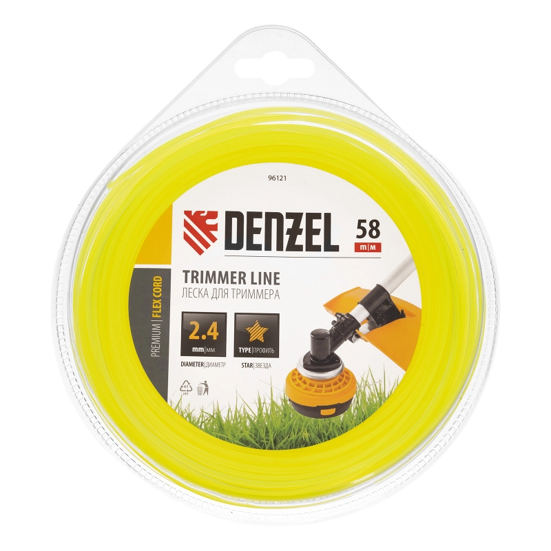 Леска для триммера, звезда 2.4 мм х 58 м, блистер Flex cord Denzel (96121)