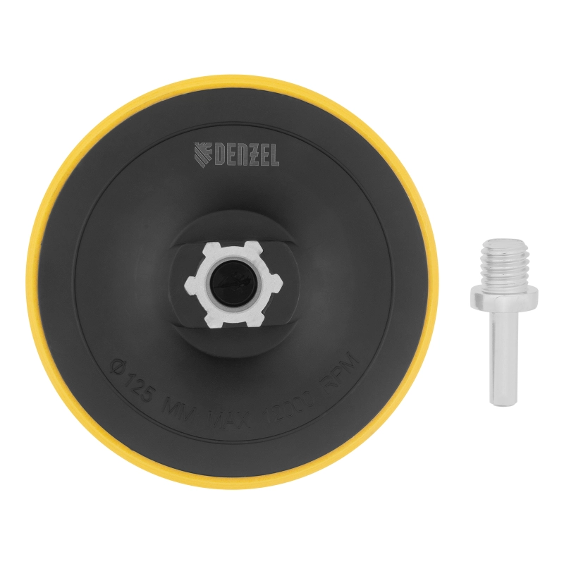 Тарелка опорная для дрели и УШМ с липучкой, 125 мм, стандартная, с адаптером c М14 на d8 Denzel (76251)