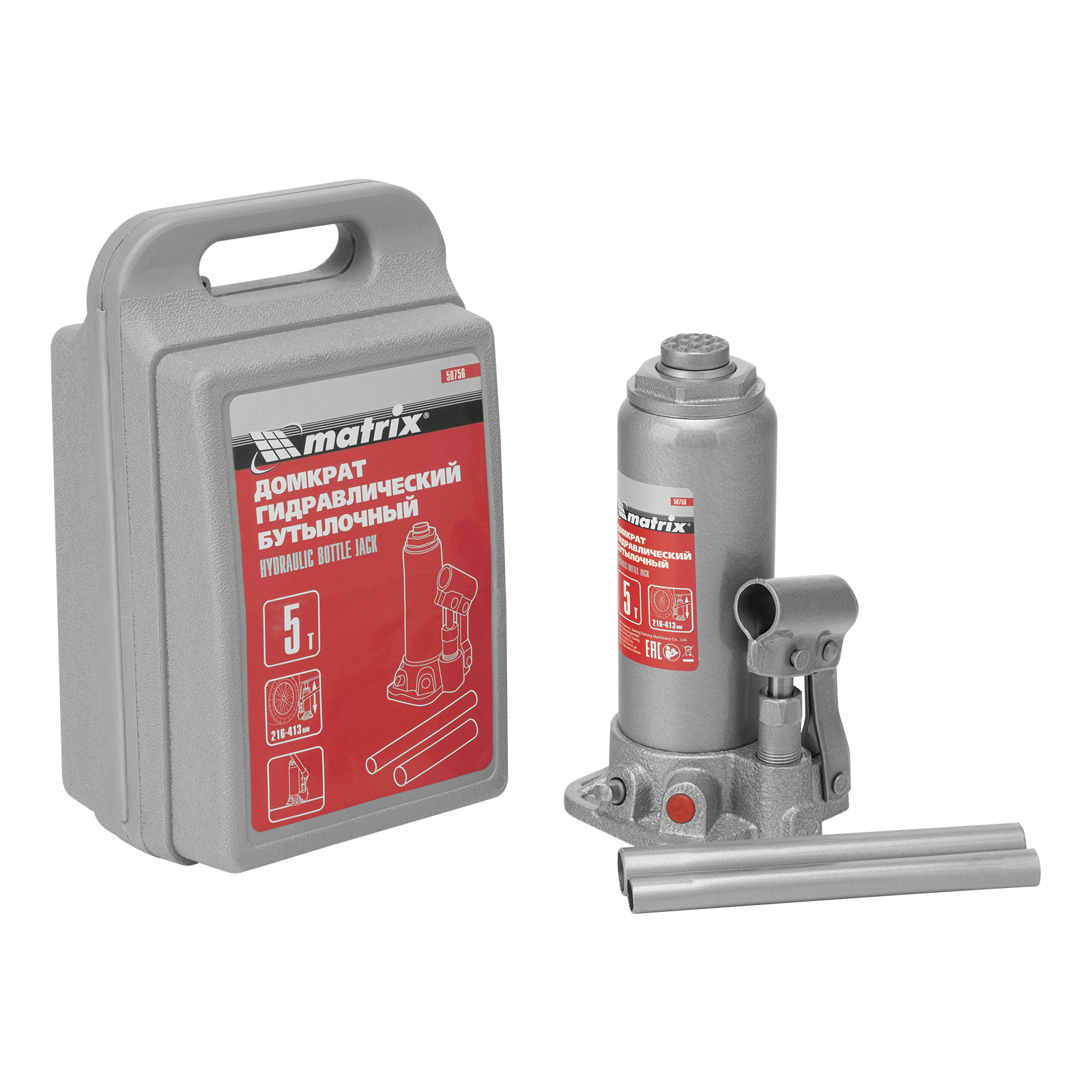 Домкрат гидравлический бутылочный, 5 т, высота подъема 216-413 мм, в пластиковый кейсе Matrix (50756)