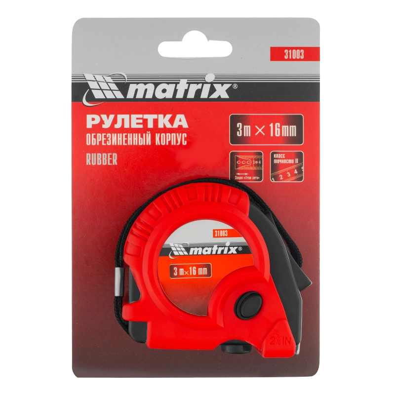Рулетка Rubber,3 м х 16 мм,обрезиненный корпус Matrix (31003)