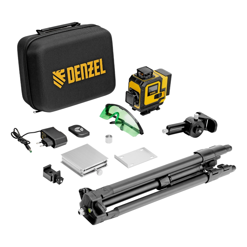 Лазерный уровень мультипризменный DLV 360-4T, 30 м, зеленый луч, Li-Ion 2,4 Aч, штатив Denzel (350815)