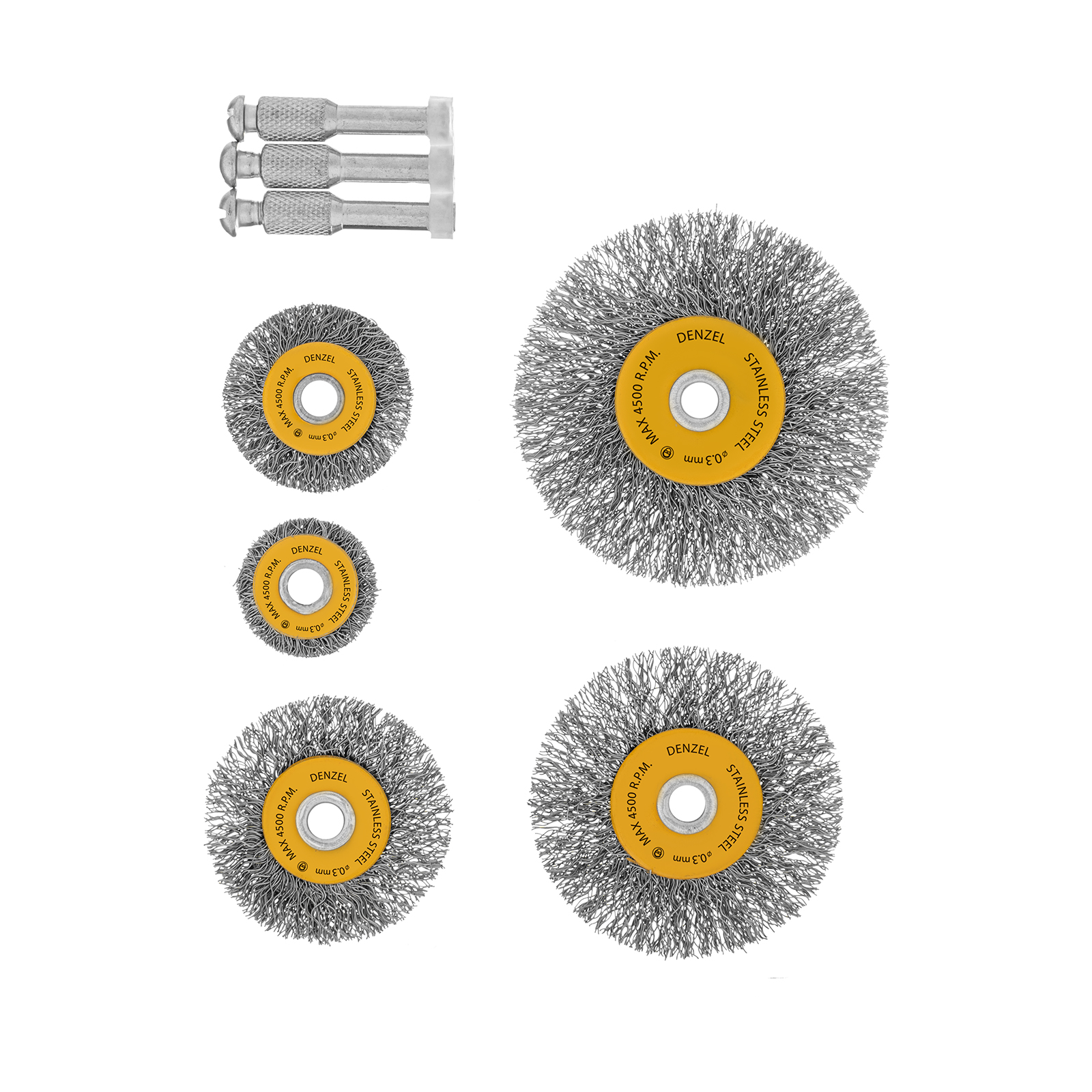 Набор щеток для дрели, 5 Плоских 25-38-50-63-75 мм, шпилька, нерж. вит. проволока Denzel (74495)