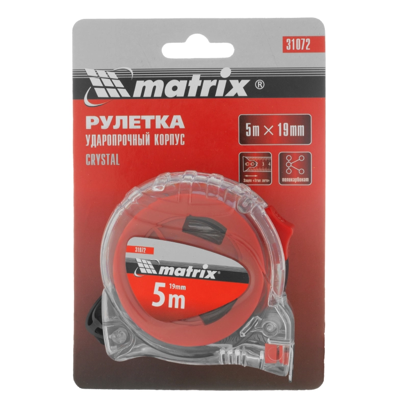 Рулетка Crystal,5 м х 19 мм,корпус из поликарбоната Matrix (31072)