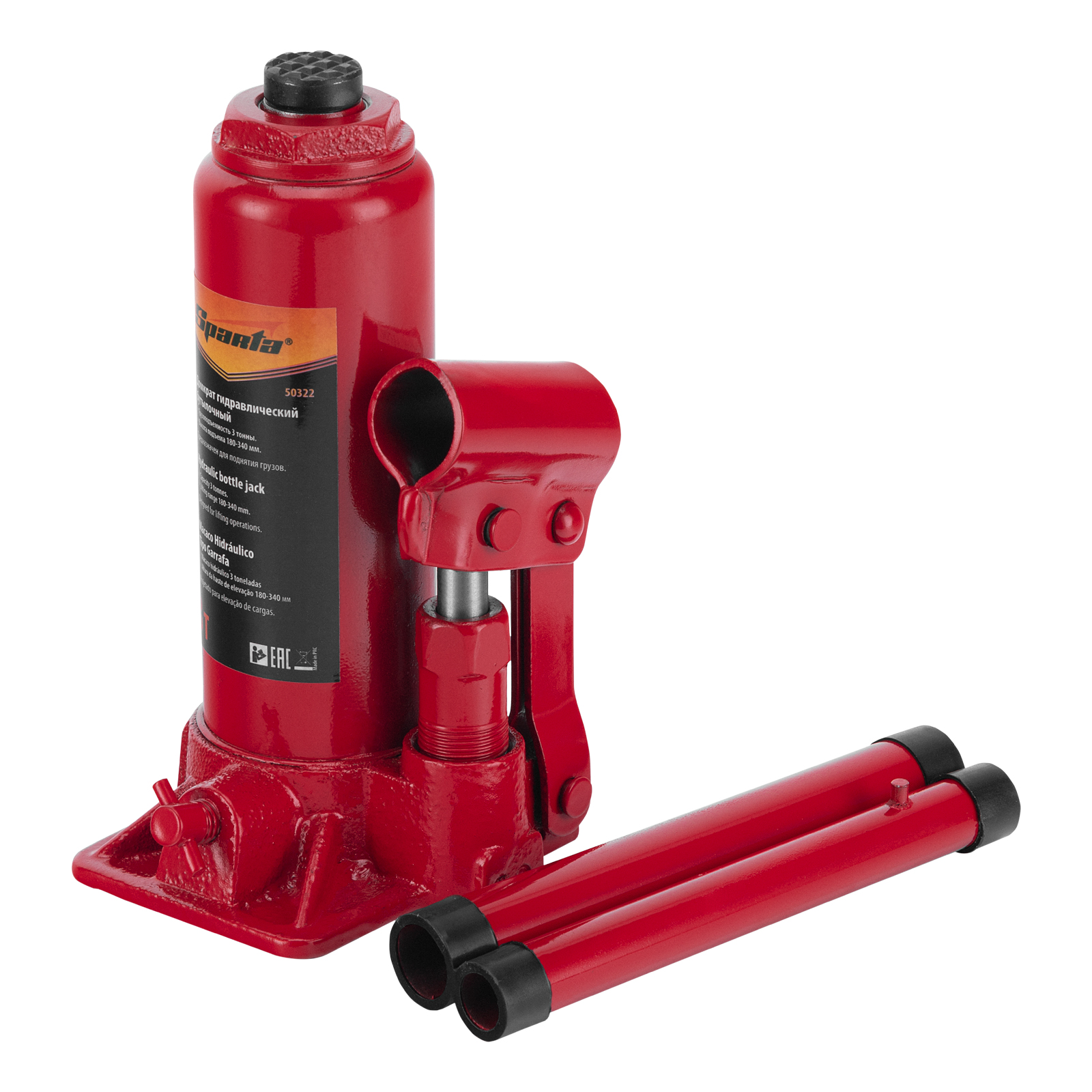 Домкрат гидравлический бутылочный, 3т, h подъема 180-340 мм Sparta (50322)