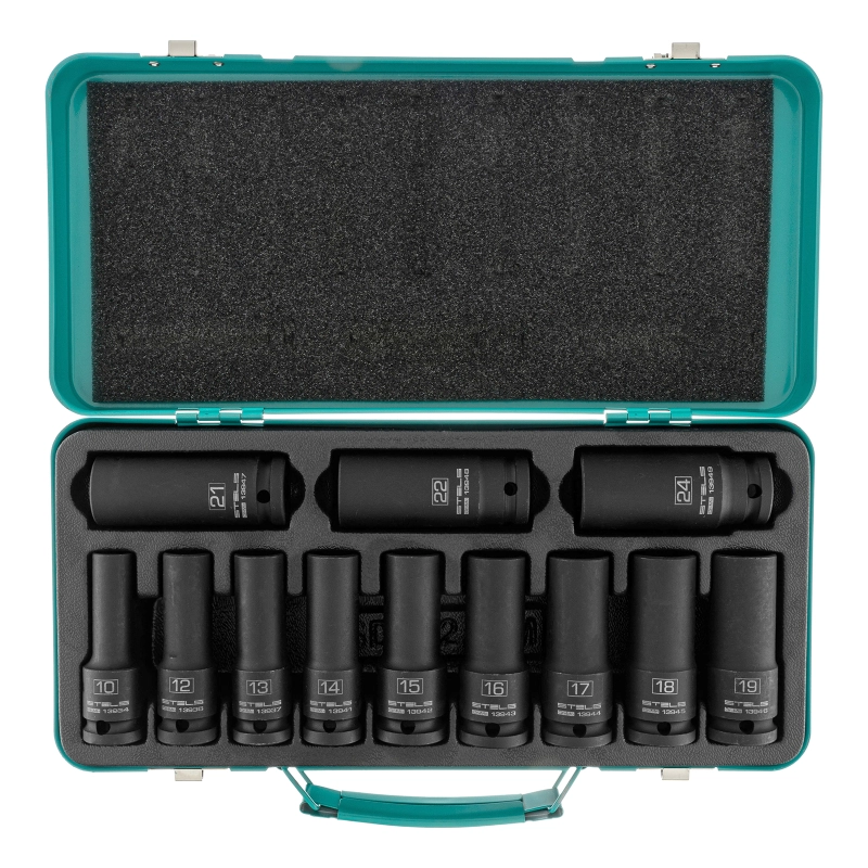 Набор ударных глубоких шестигранных торцевых головок, 1/2", 10-24 мм, в кейсе 12 шт. Stels (13998)