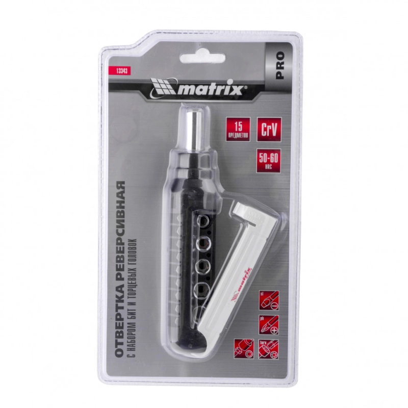 Отвертка реверсивная с набором бит и торцевых головок, 15 шт, CrV Matrix Pro (13343)