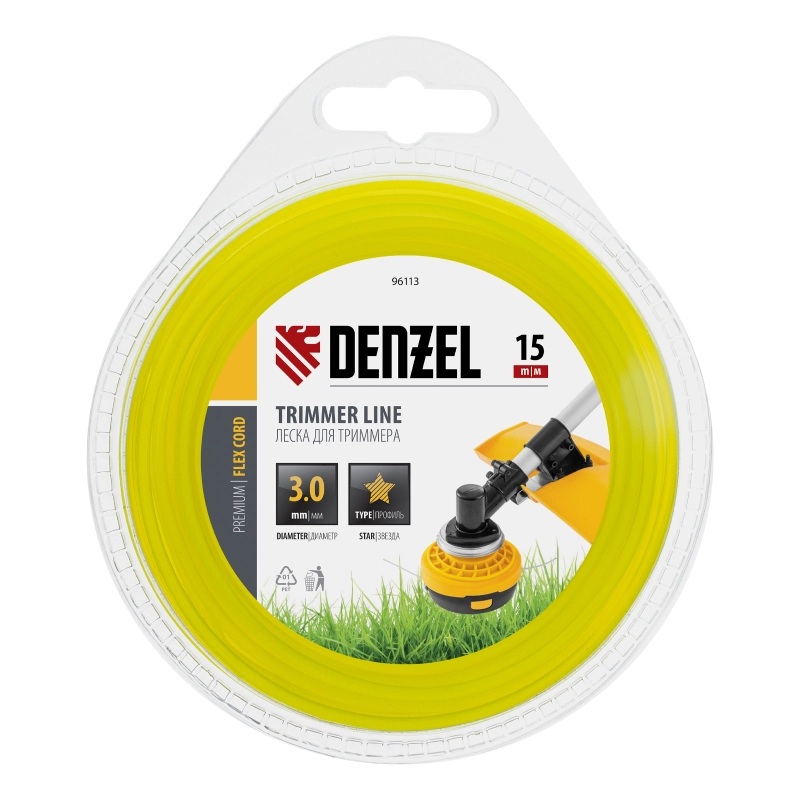 Леска для триммера, звезда 3 мм х 15 м, блистер Flex cord Denzel (96113)
