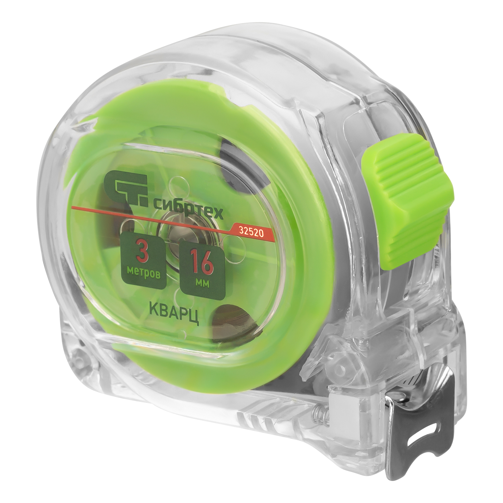 Рулетка Кварц,прозрачный корпус,амортизатор,5 м х 19 мм Сибртех (32521)