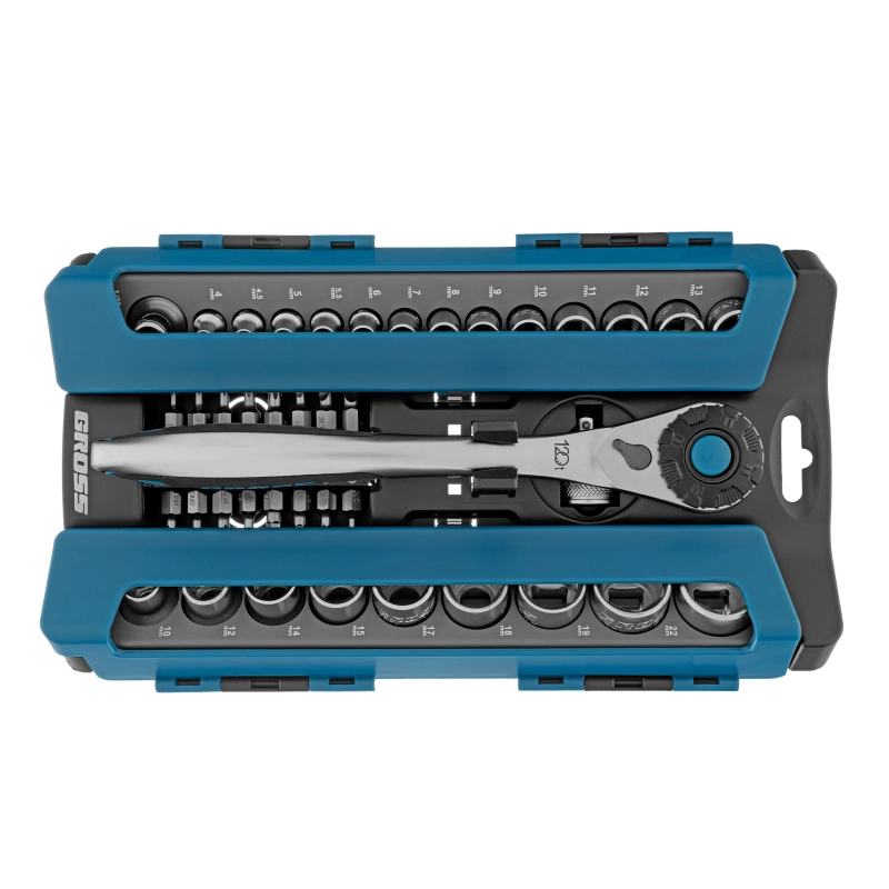 Набор торцевых головок, трещотка 120 зубьев, 1/2", 1/4", CrV, 41 предмет Gross (14143)