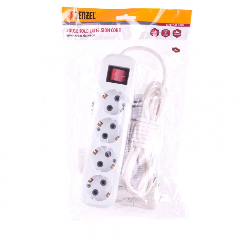 Удлинитель бытовой, с заземлением и выключателем, 2 м, 4 розетки, 10 A, серия УХз10 Denzel (95975)