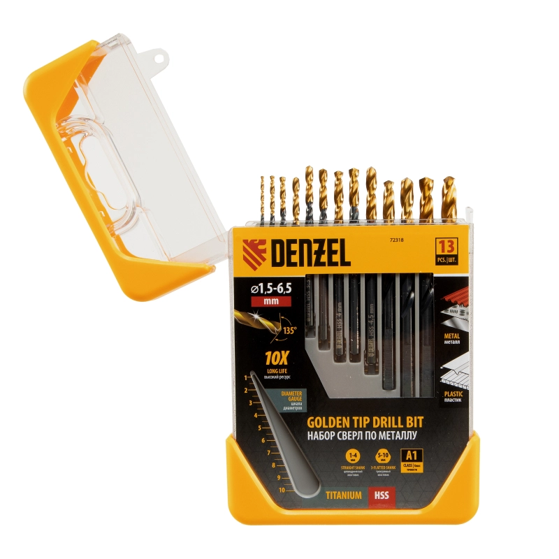 Набор сверл по металлу, 1,5-6,5 мм, HSS-Tin, Golden Tip, 13 шт Denzel (72318)