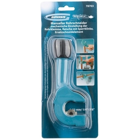 Труборез ручной "Piranha", 6-23 мм, 1/4-7/8, механическая регулировка зажима трубы, трещотка с храповым механизмом Gross (78703)