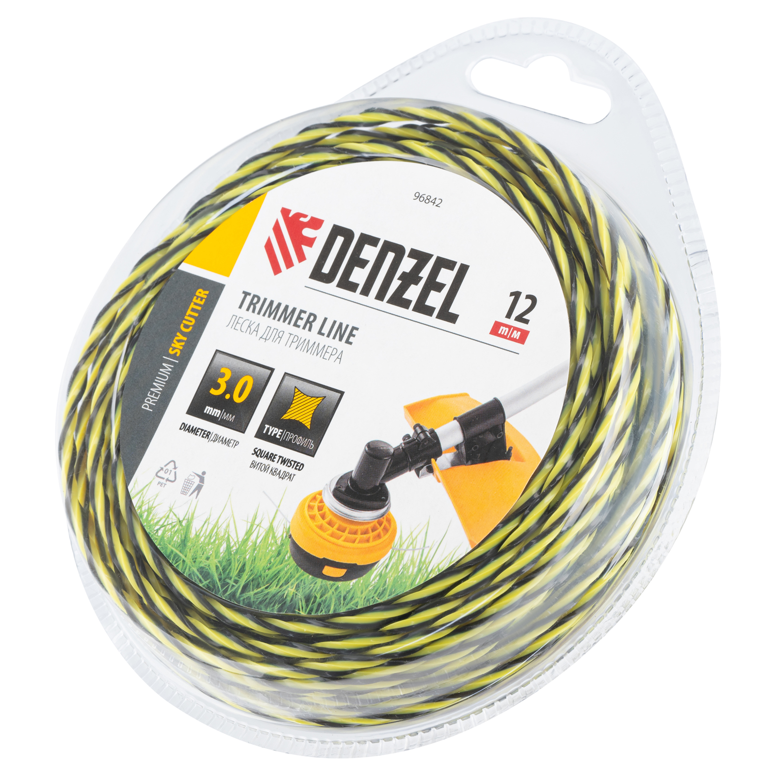 Леска для триммера двухкомпонентная витая квадратная, 3,0мм х 12м, блистер SkyCutter Denzel (96842)