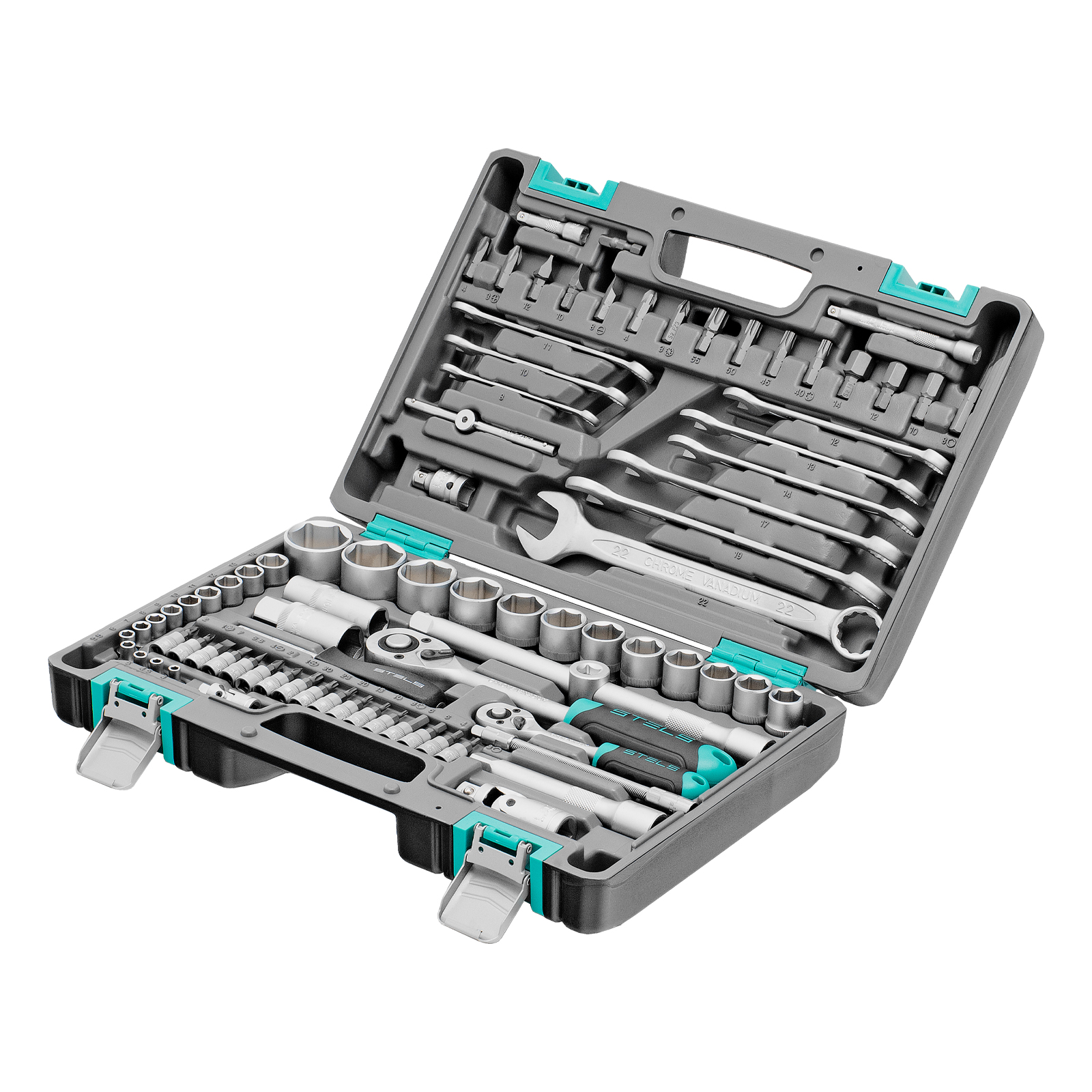 Набор инструментов, 1/2", 1/4", CrV, пластиковый кейс 82 предмета Stels (14105)