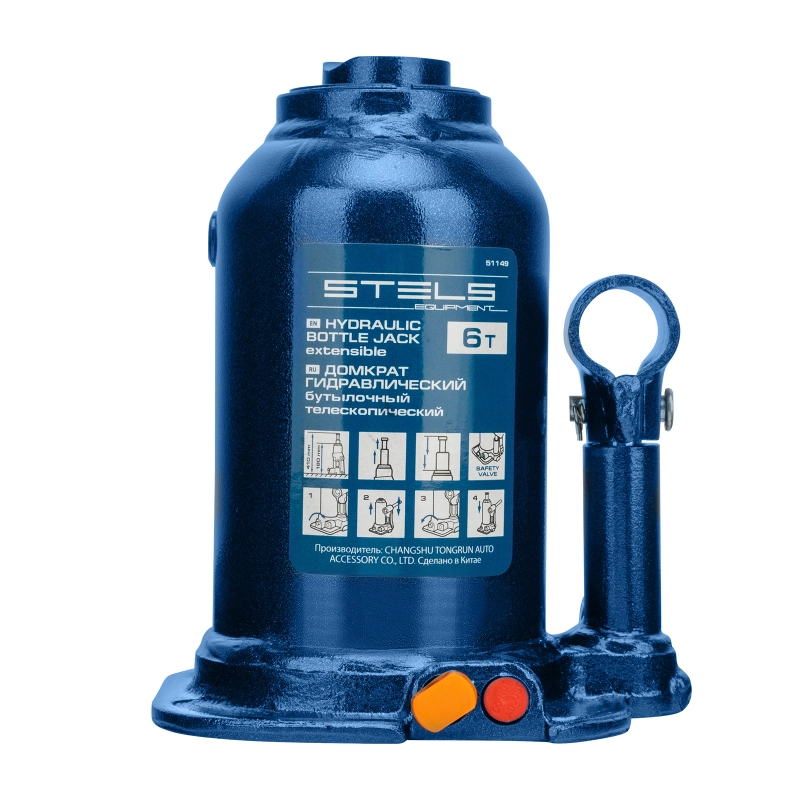 Домкрат гидравлический бутылочный телескопический, 6 т, подъем 180-410 мм Stels (51149)