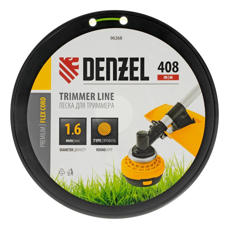 Леска для триммера круглая, 1,6мм х 408м, на DIN катушке FLEX CORD, Denzel (96268)
