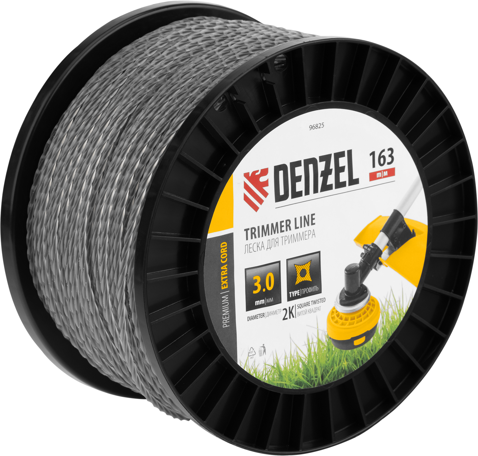 Леска для триммера двухкомпонентная витой квадрат, 3,0мм х 163м, на DIN катушке EXTRA CORD Denzel (96825)