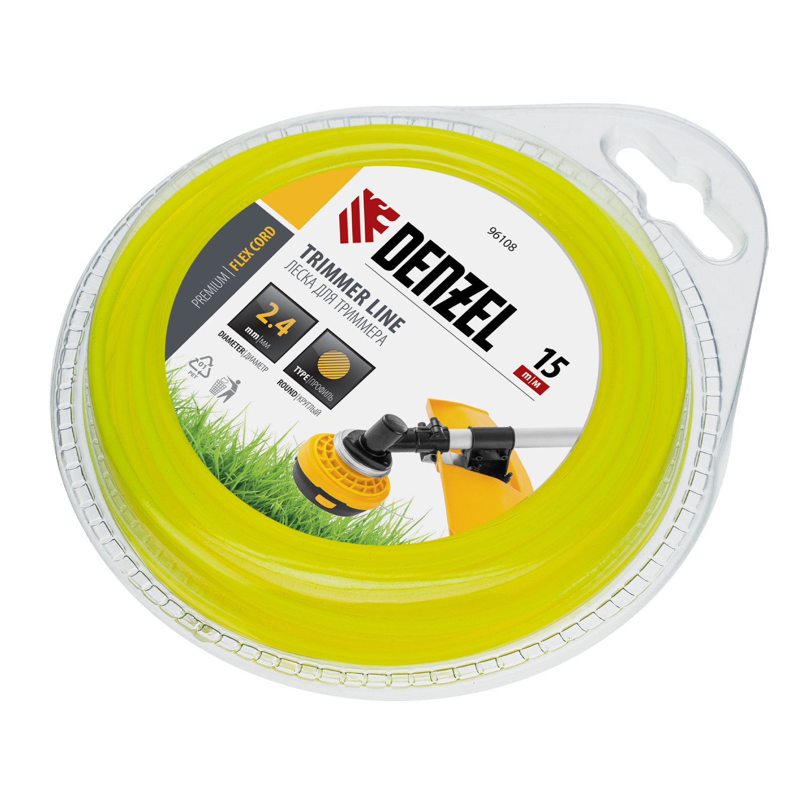 Леска для триммера, круглая 2.4 мм х 15 м, блистер Flex cord Denzel (96108)
