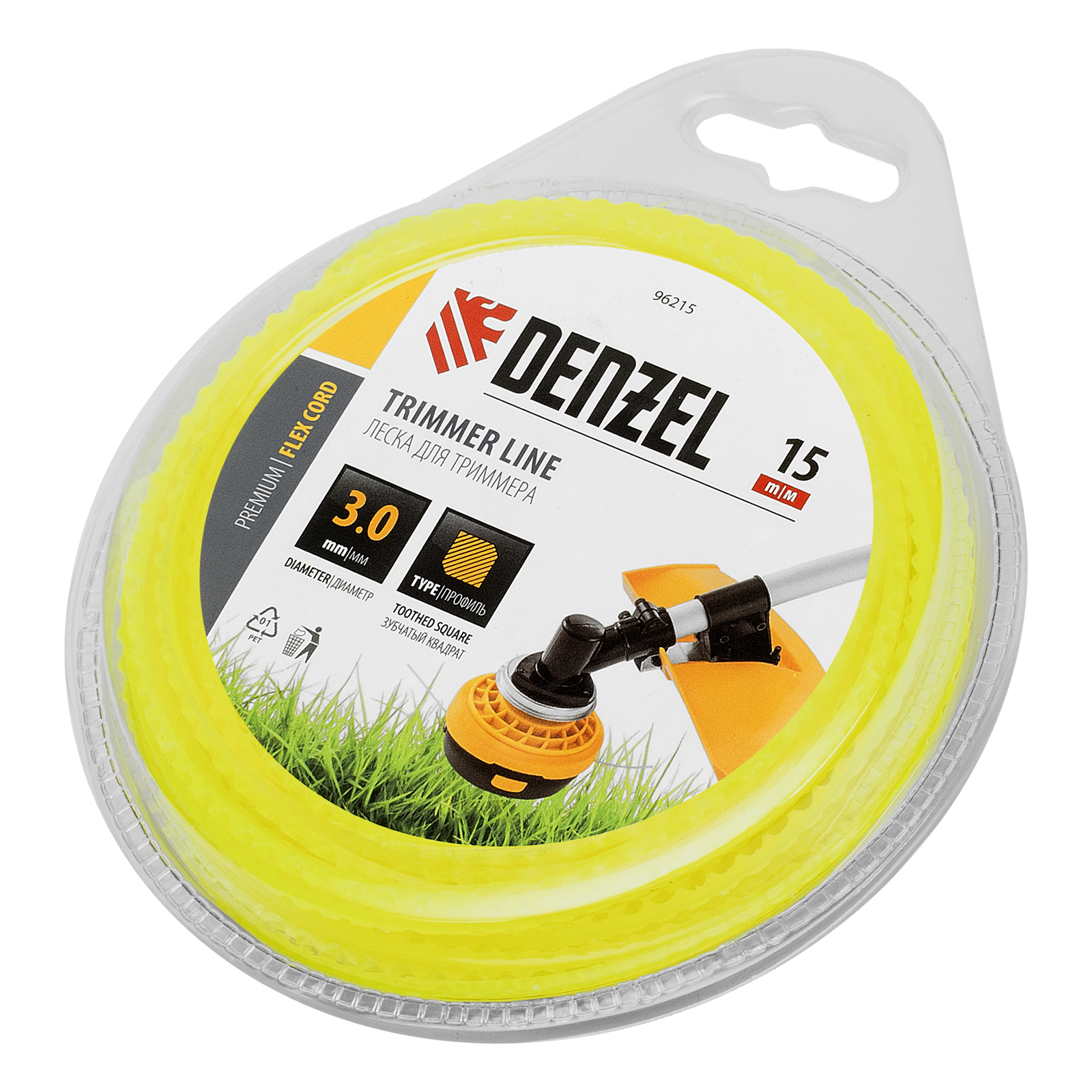 Леска для триммера зубчатый квадрат, 3мм х 15м, блистер FLEX CORD,  Denzel (96215)